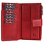 Eine rote Chunkyrayan Leder-Geldbörse im Vintage-Look, geöffnet mit mehreren Kartenfächern, Chunkyrayan-Karten, Druckknopfverschluss, Reißverschlussfach und geprägtem RFID-Symbol.