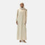 A person models the Elara Damen Abaya mit Kopftuch—a long, beige Abaya with long sleeves and a matching headscarf—against a white background, paired with white high-heeled sandals featuring golden details, offering an elegant and modest look.